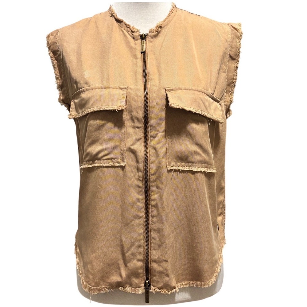 True Religion Zip Utility Tank Women XS Tan Frayed Raw Hem Lyocell Cargo Vest